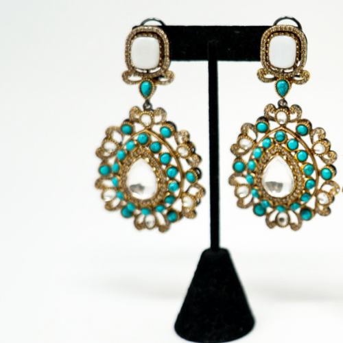 Gold Plated Turquoise & Peach Drop Shaped Earrings
