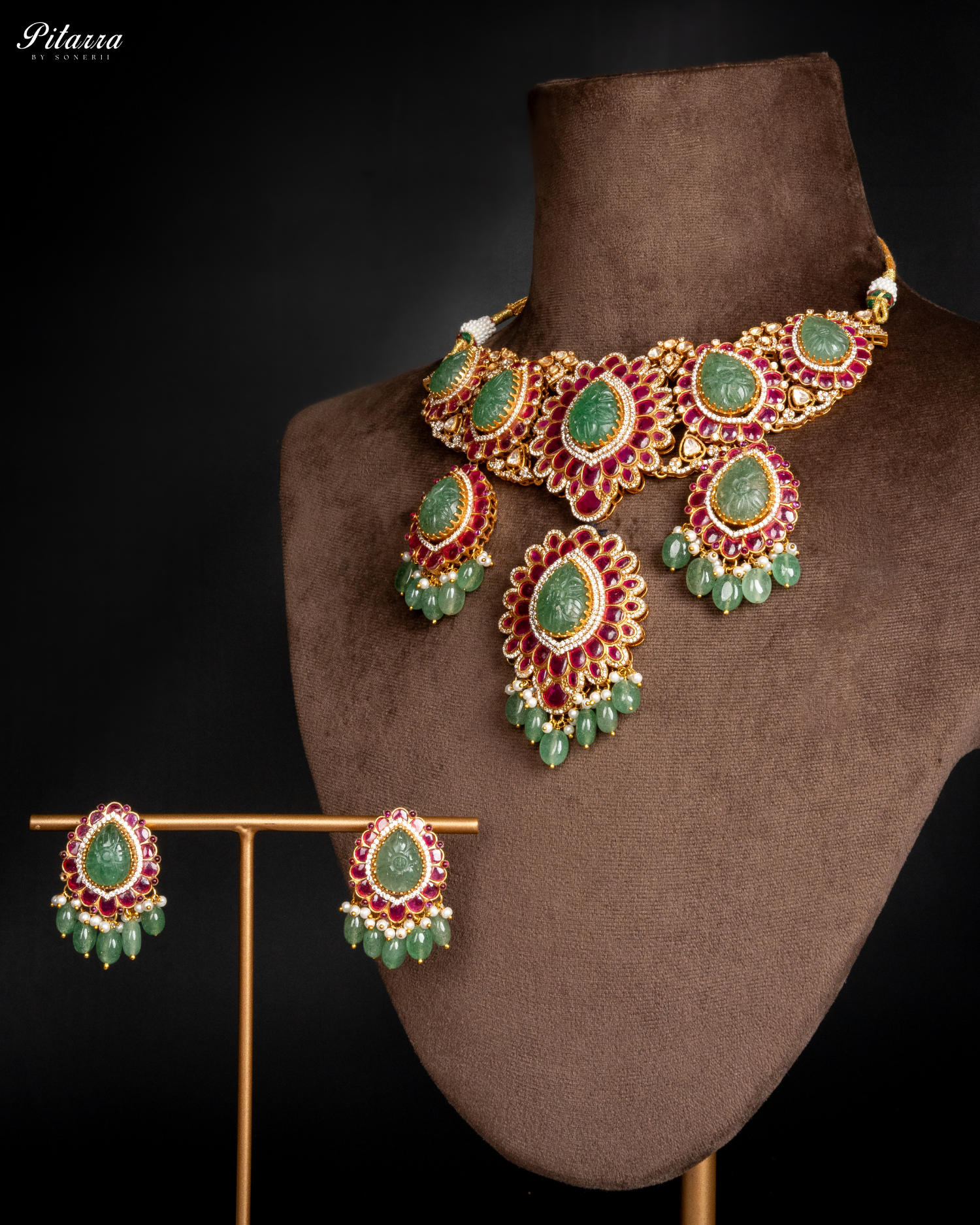 Elegant Punjabi Jadau Necklace Set with Emerald Beads