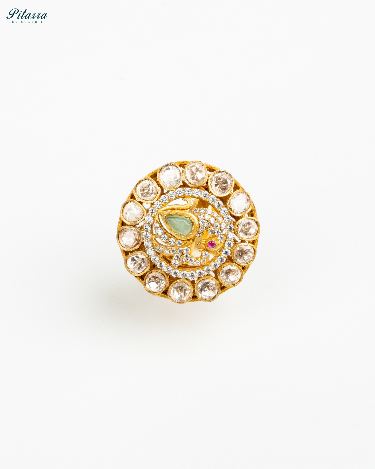 Golden Kundan Ring with Diamonds