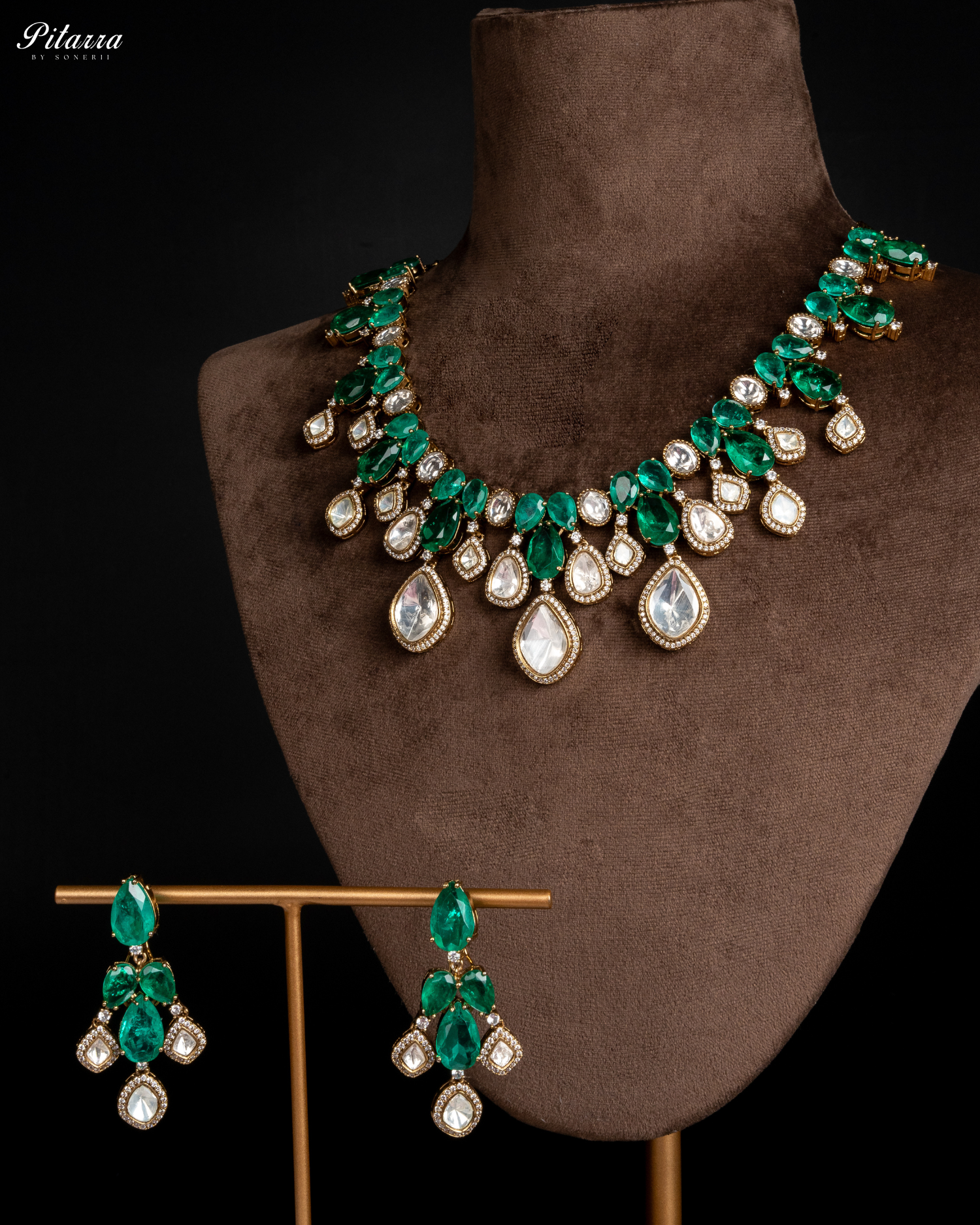 Green Rhodium Polki Kundan Necklace Set