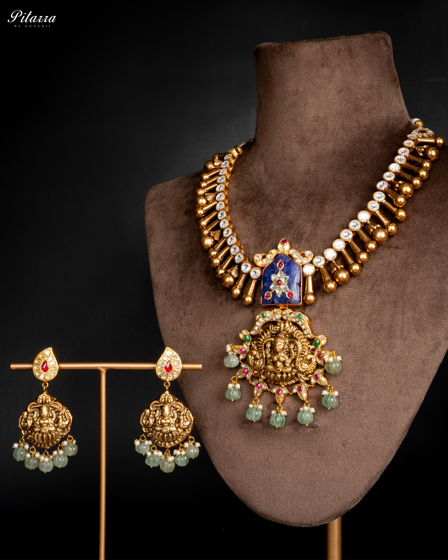 Lakshmi Carved Stone Kundan Jadau Necklace Set