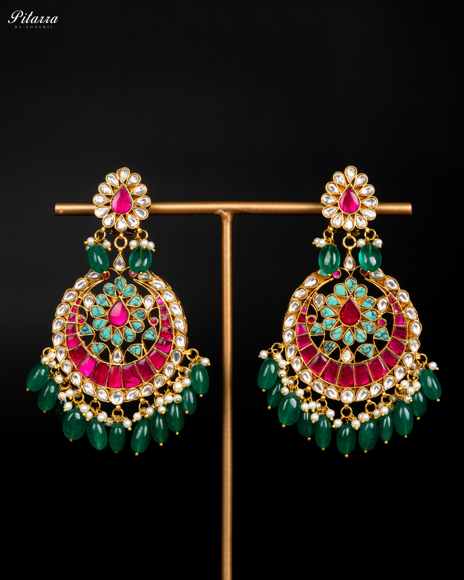 Gold Finish Polki Kundan Green Pearl Earrings