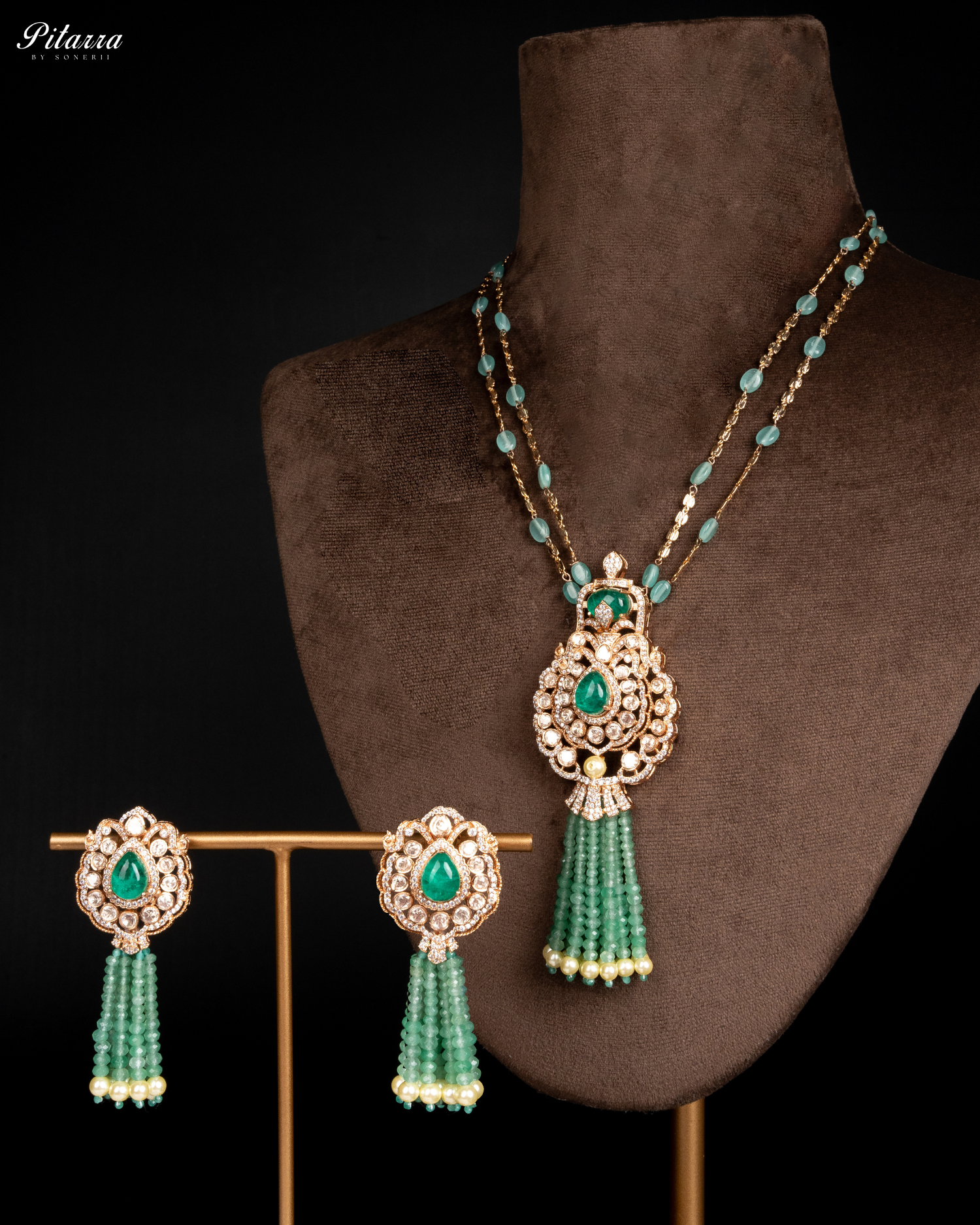 Long Green Beads Kundan Necklace