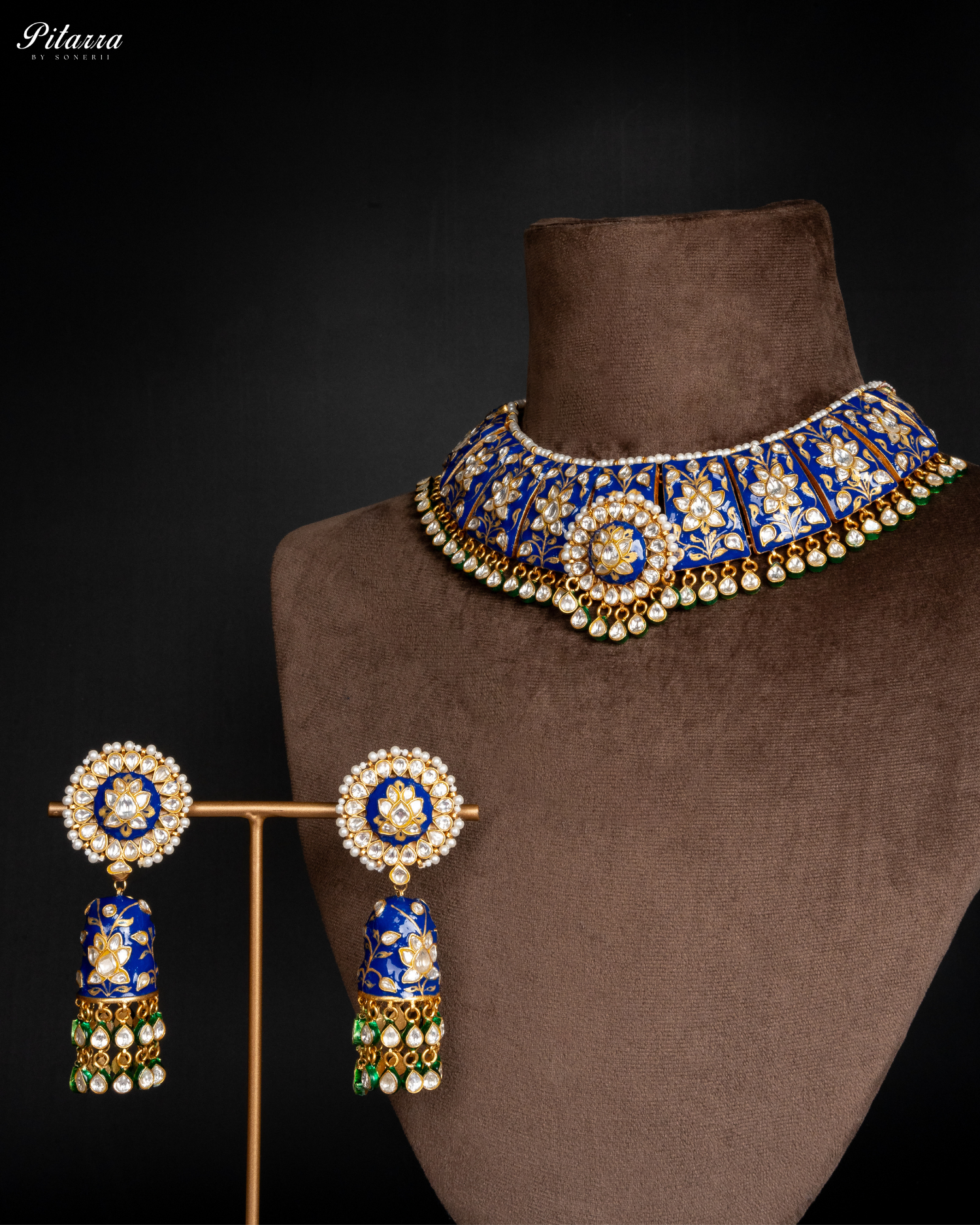 Pitarra Blue Polki Kundan Necklace Set with White Beads