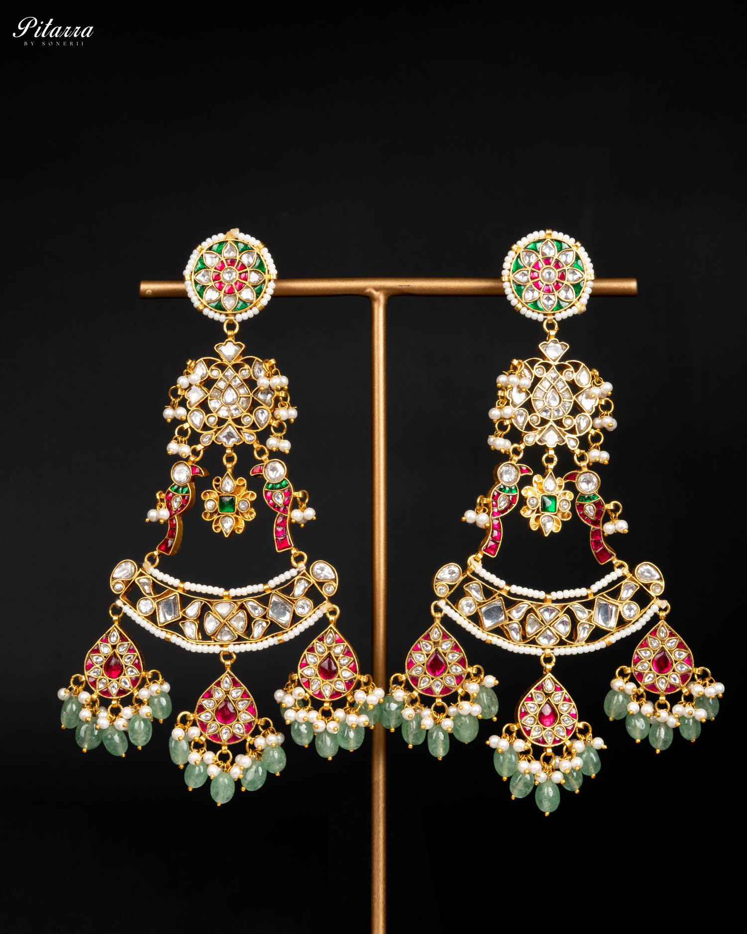 Long Green Kundan Jadau Earrings