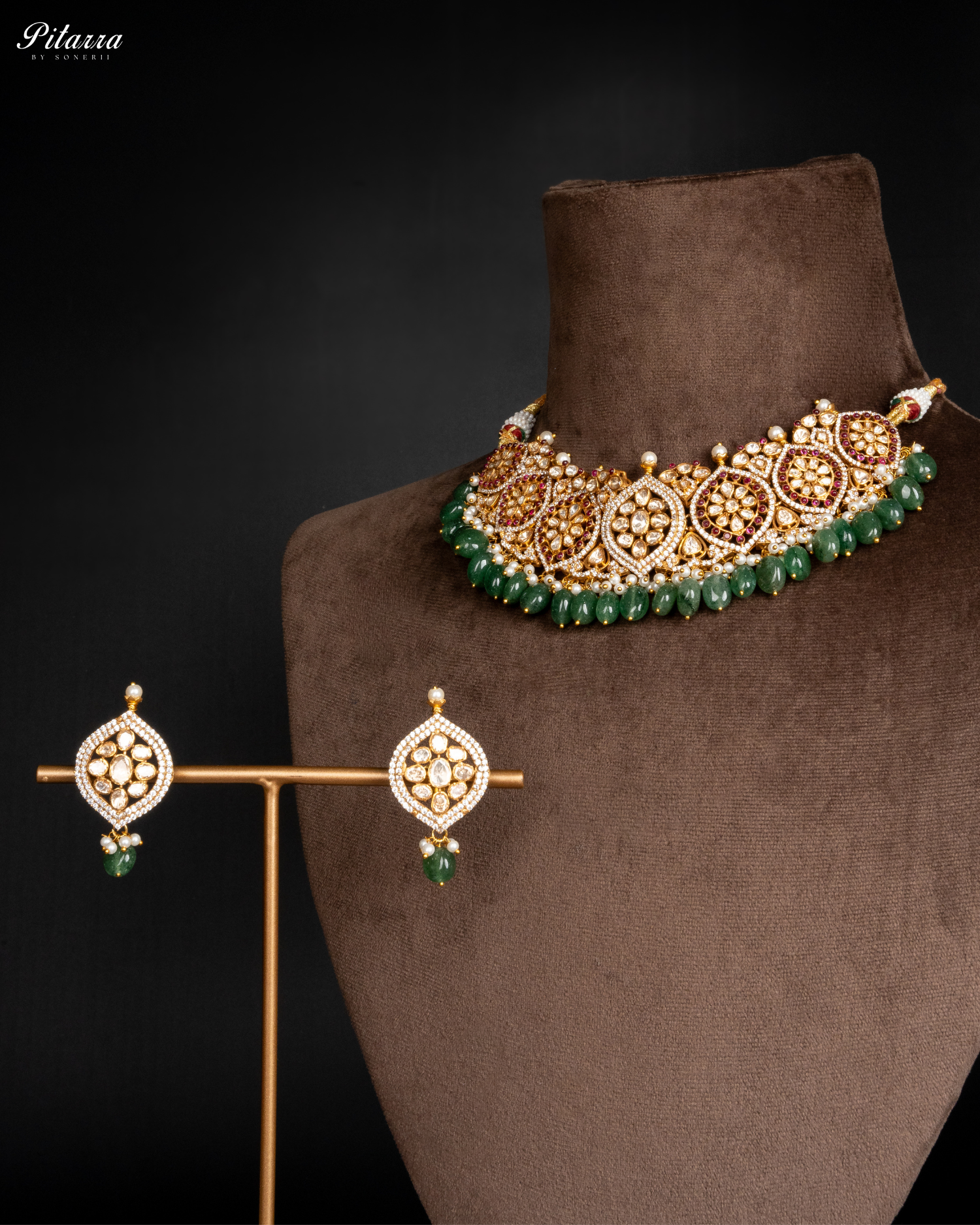 Green Pearl Gold Punjabi Jadau Necklace Set