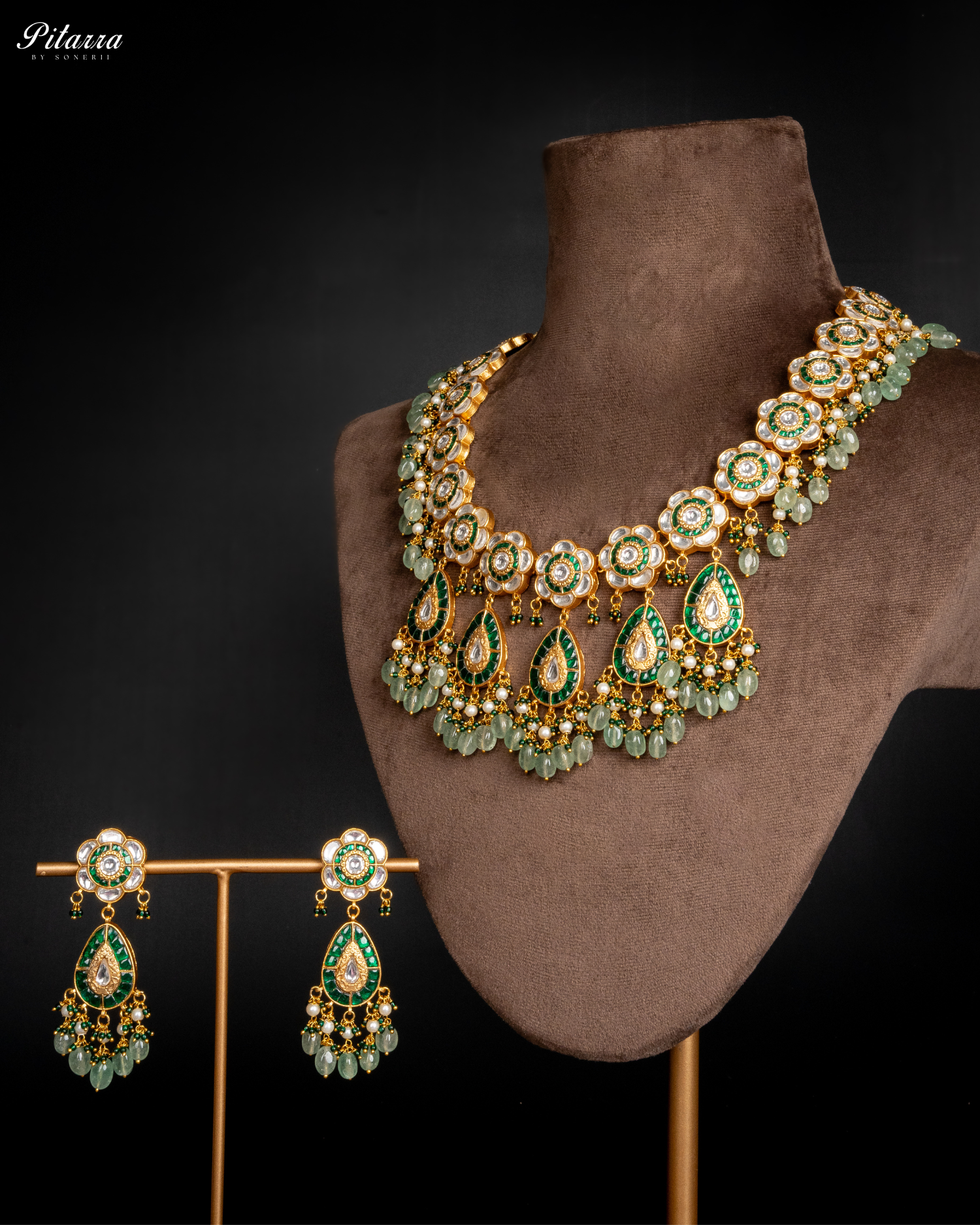 Golden Royal Emerald Green Beaded Polki Necklace