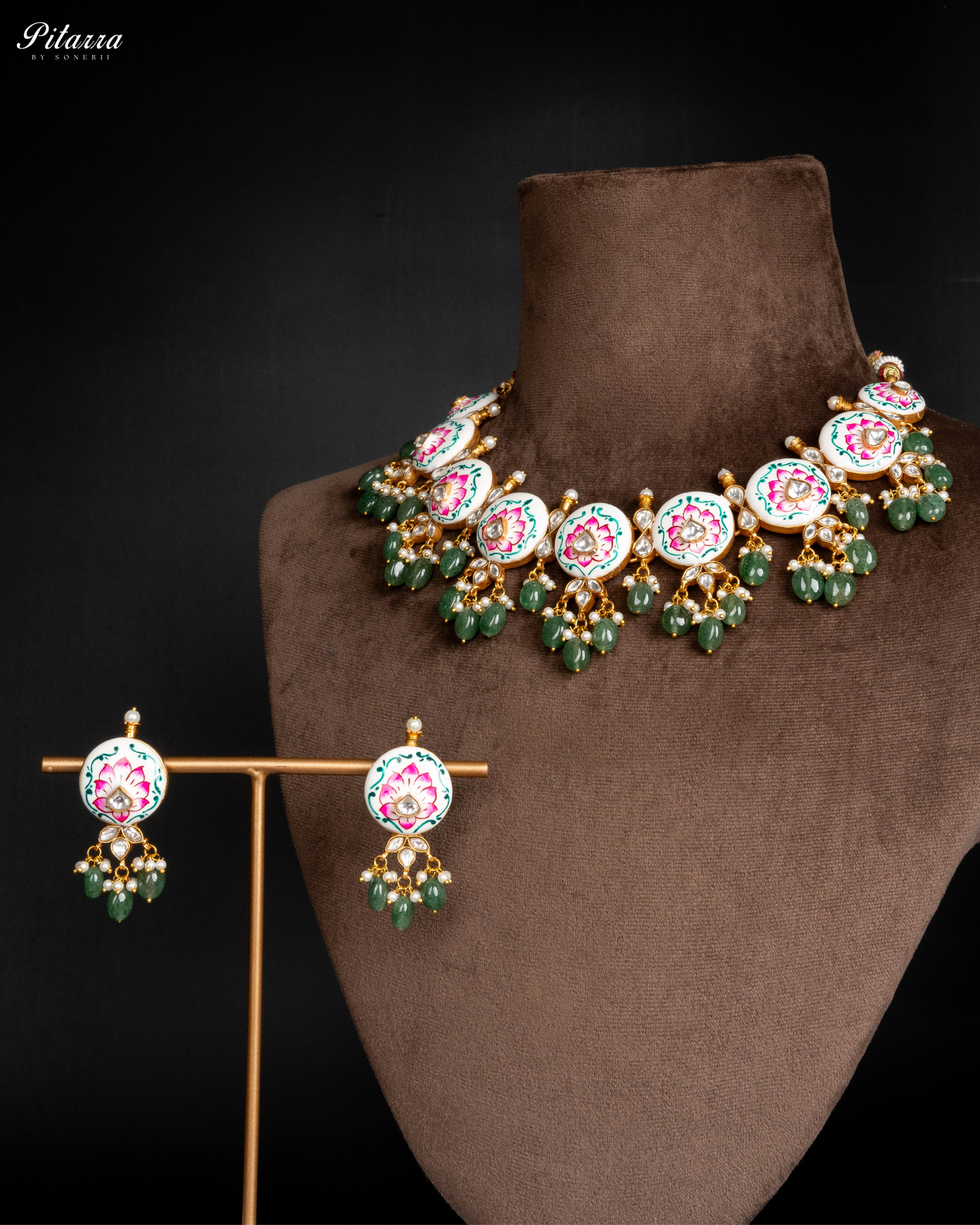 Green Beads Pink Antique Punjabi Jadau Necklace Set