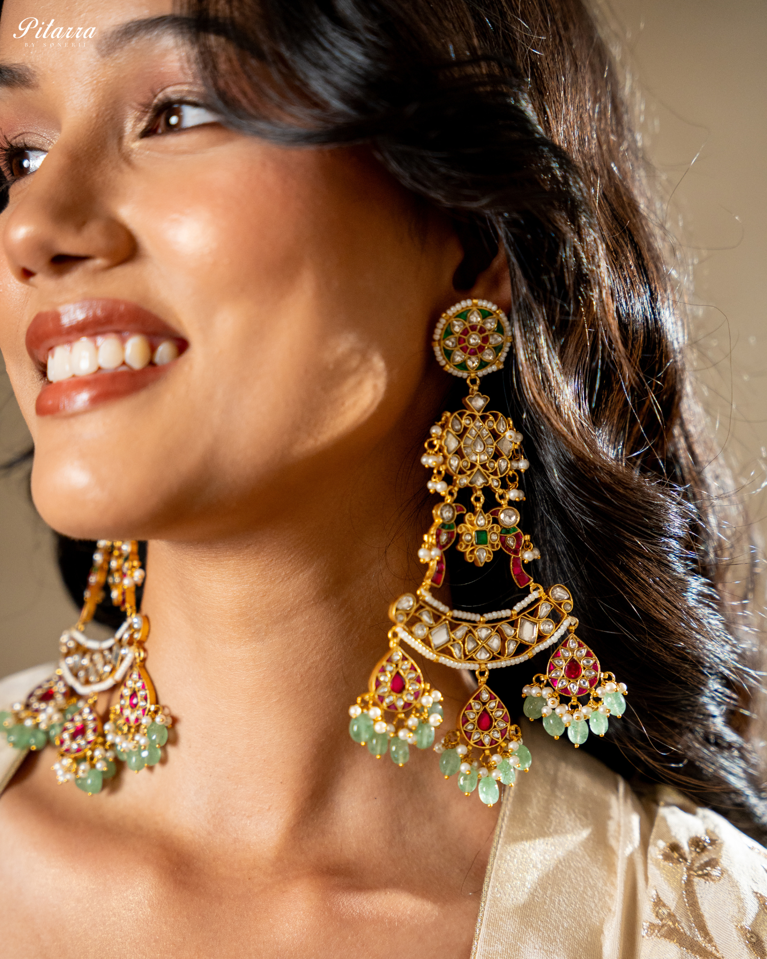 Long Green Kundan Jadau Earrings