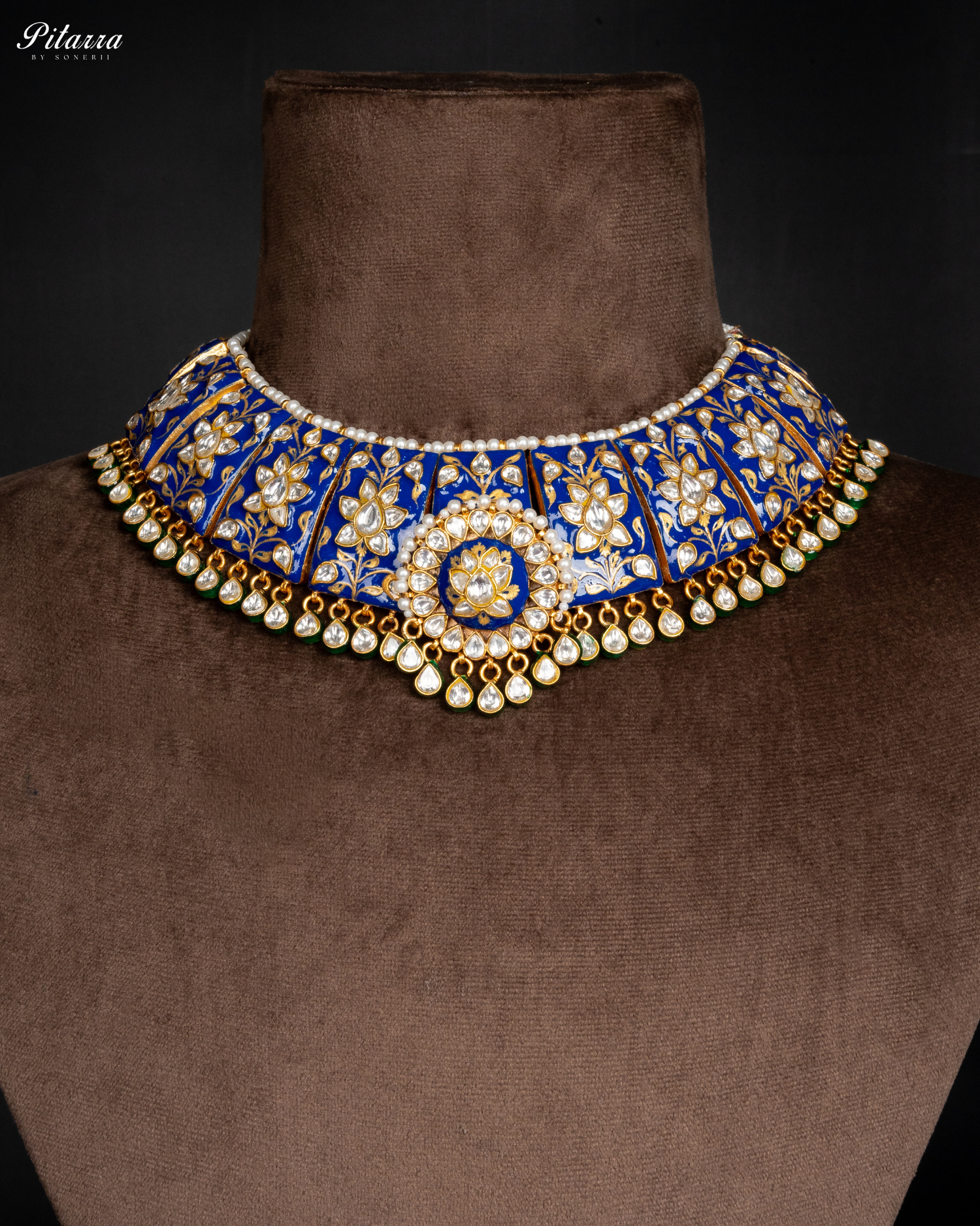 Pitarra Blue Polki Kundan Necklace Set with White Beads