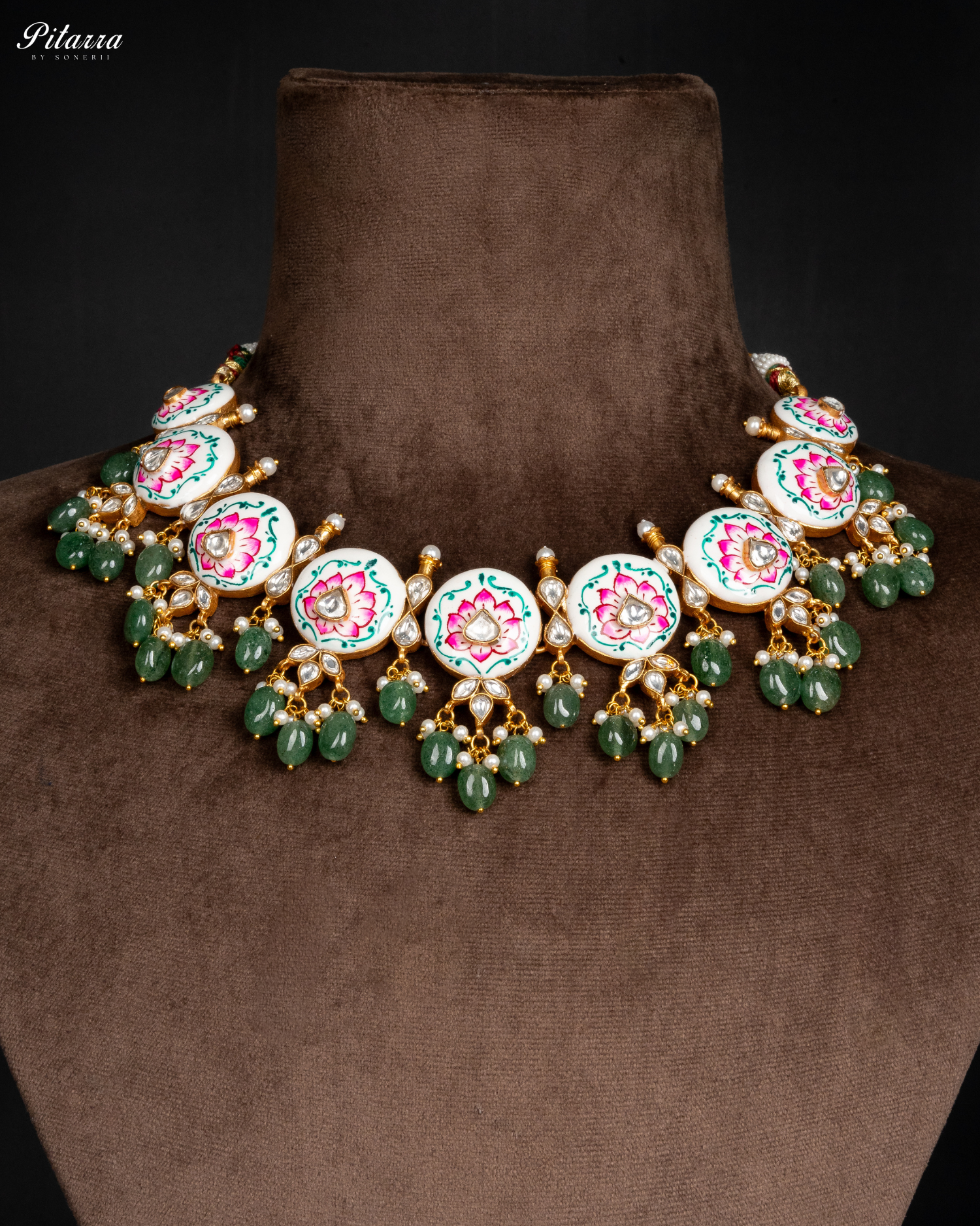 Green Beads Pink Antique Punjabi Jadau Necklace Set