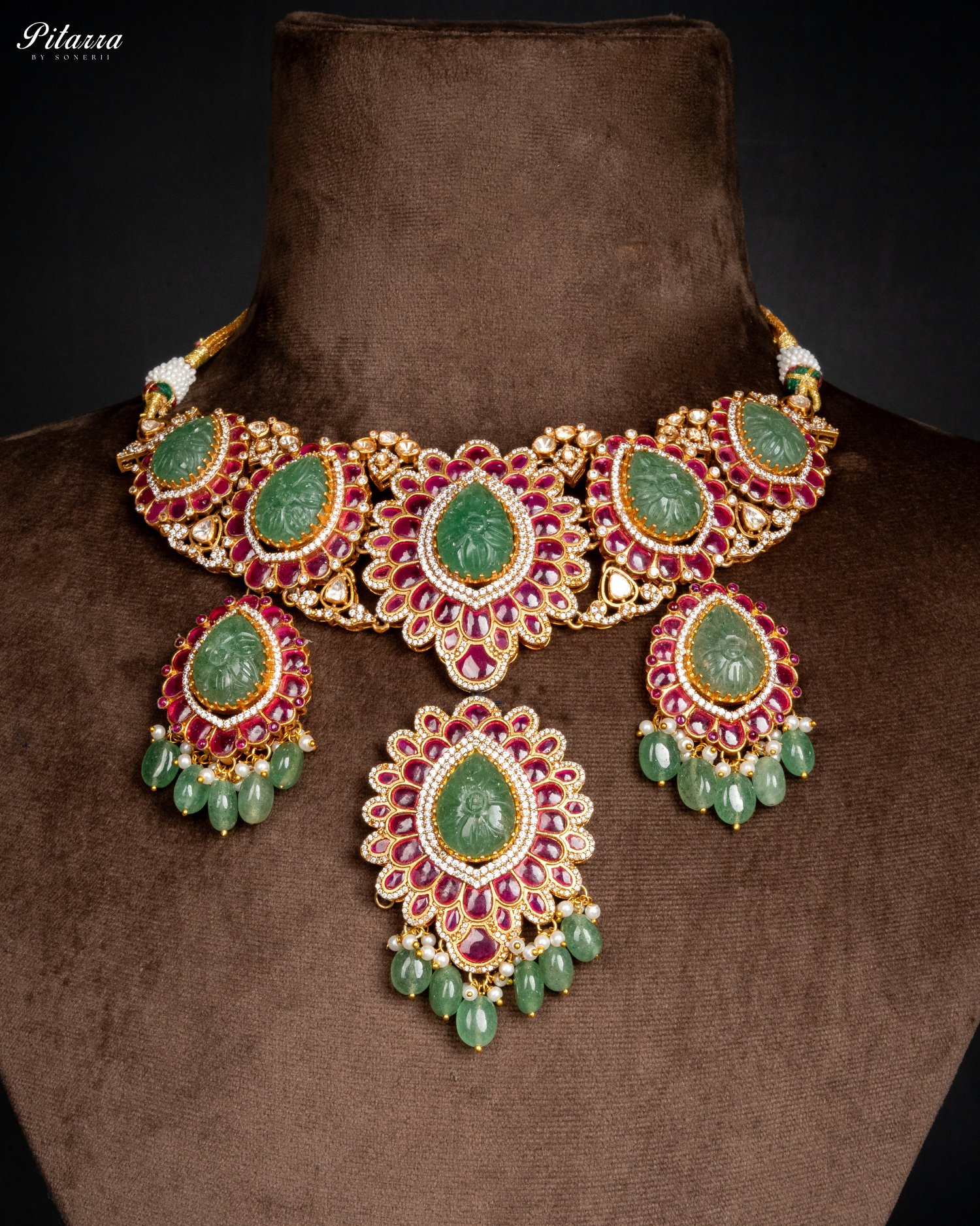 Elegant Punjabi Jadau Necklace Set with Emerald Beads