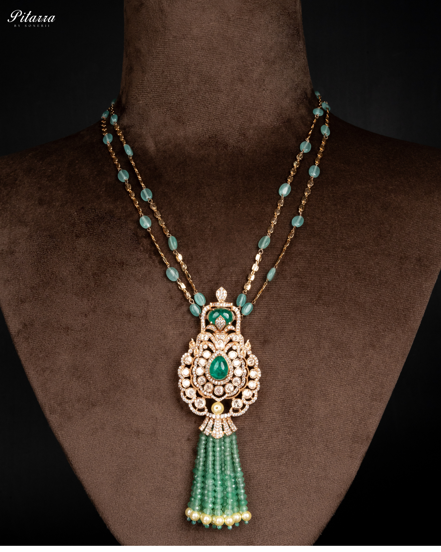 Long Green Beads Kundan Necklace