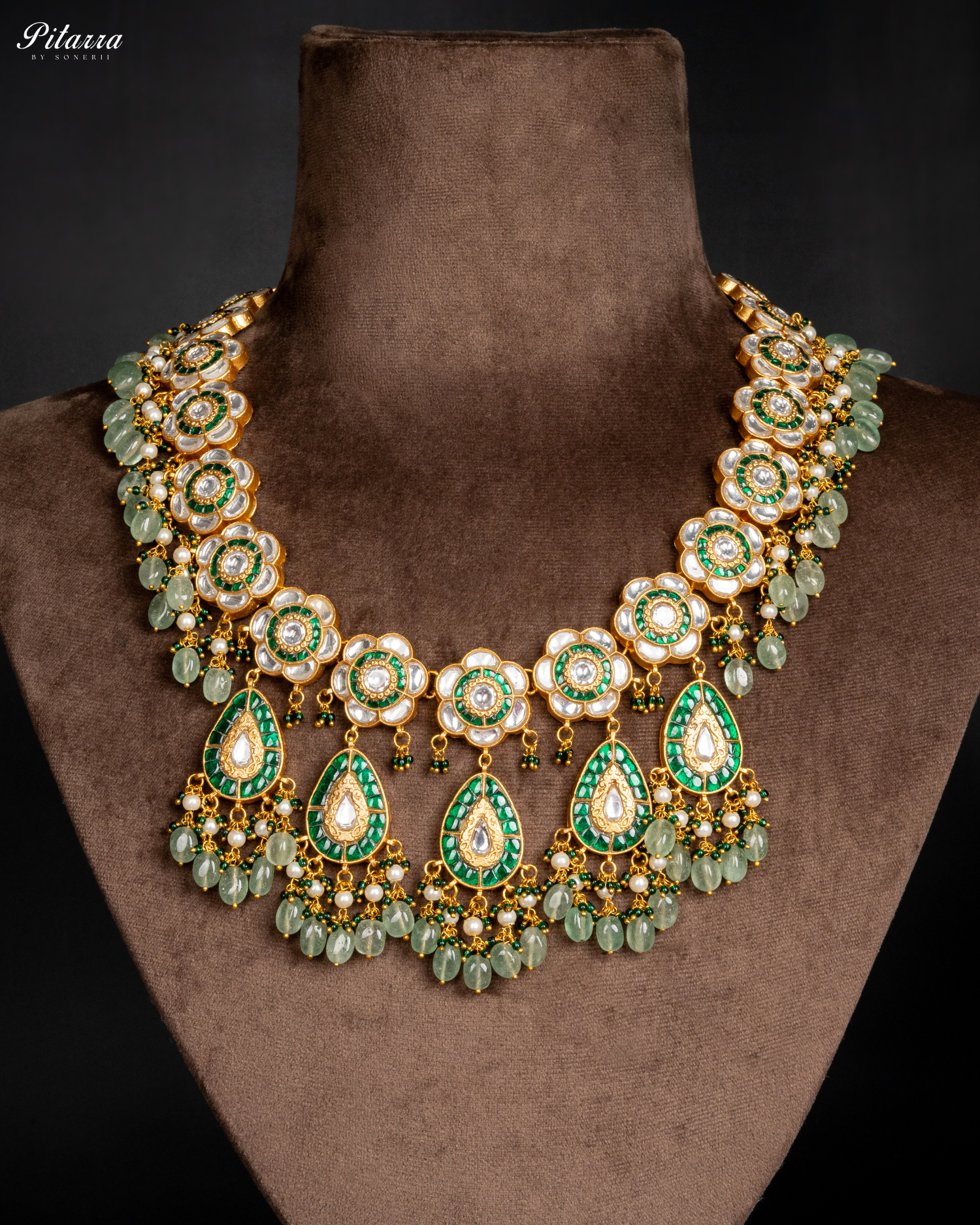 Golden Royal Emerald Green Beaded Polki Necklace