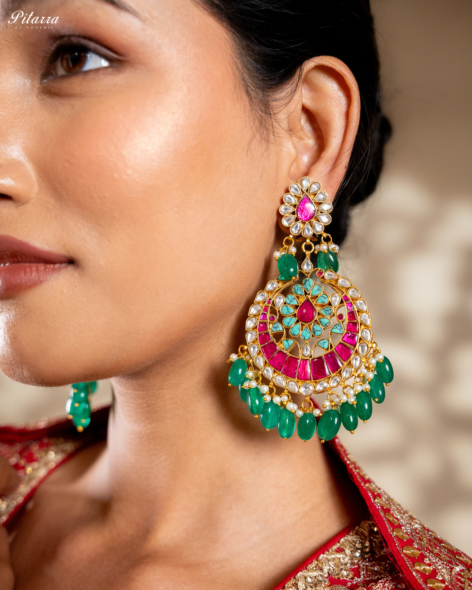 Gold Finish Polki Kundan Green Pearl Earrings