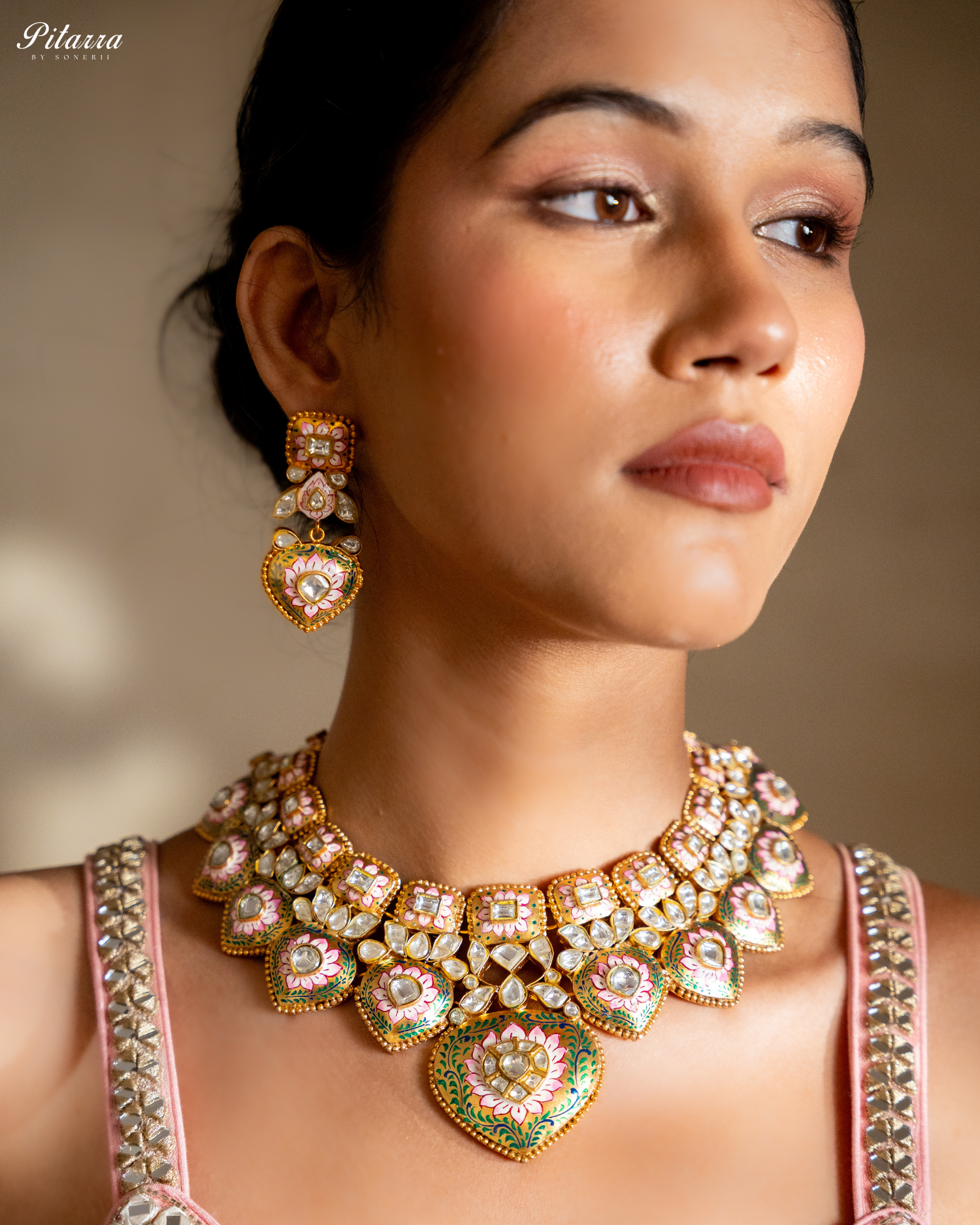 Golden Green Polki Kundan Necklace Set