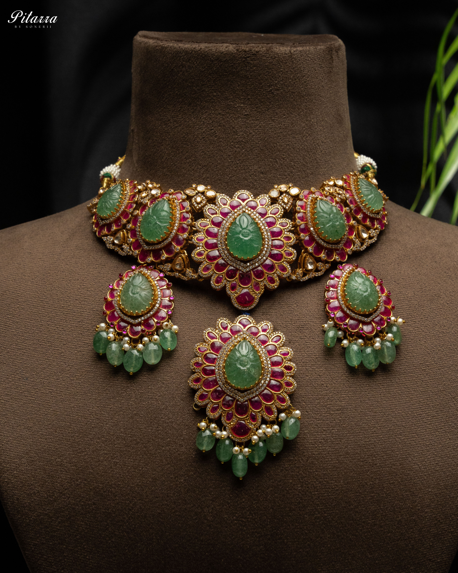 Elegant Punjabi Jadau Necklace Set with Emerald Beads