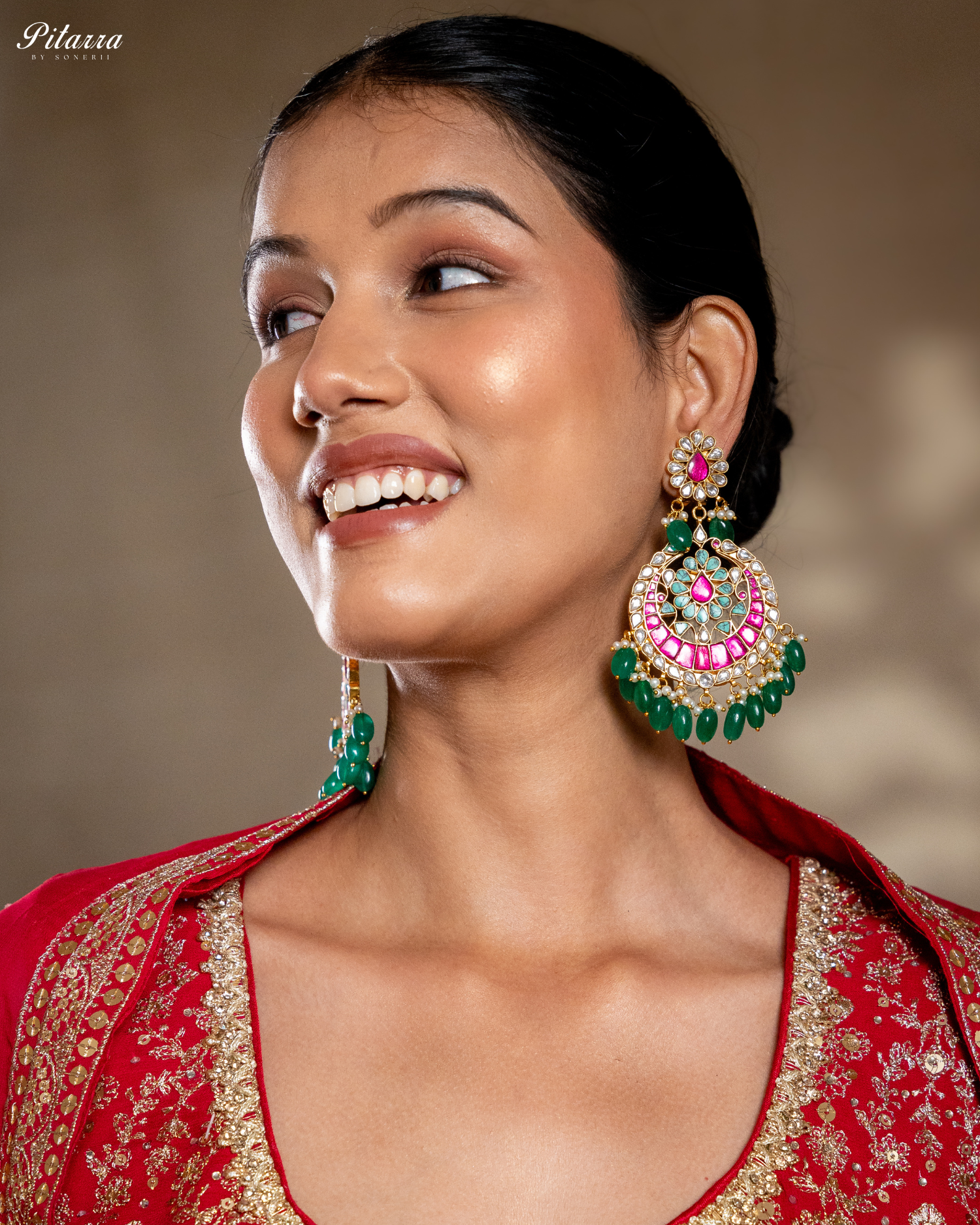 Gold Finish Polki Kundan Green Pearl Earrings