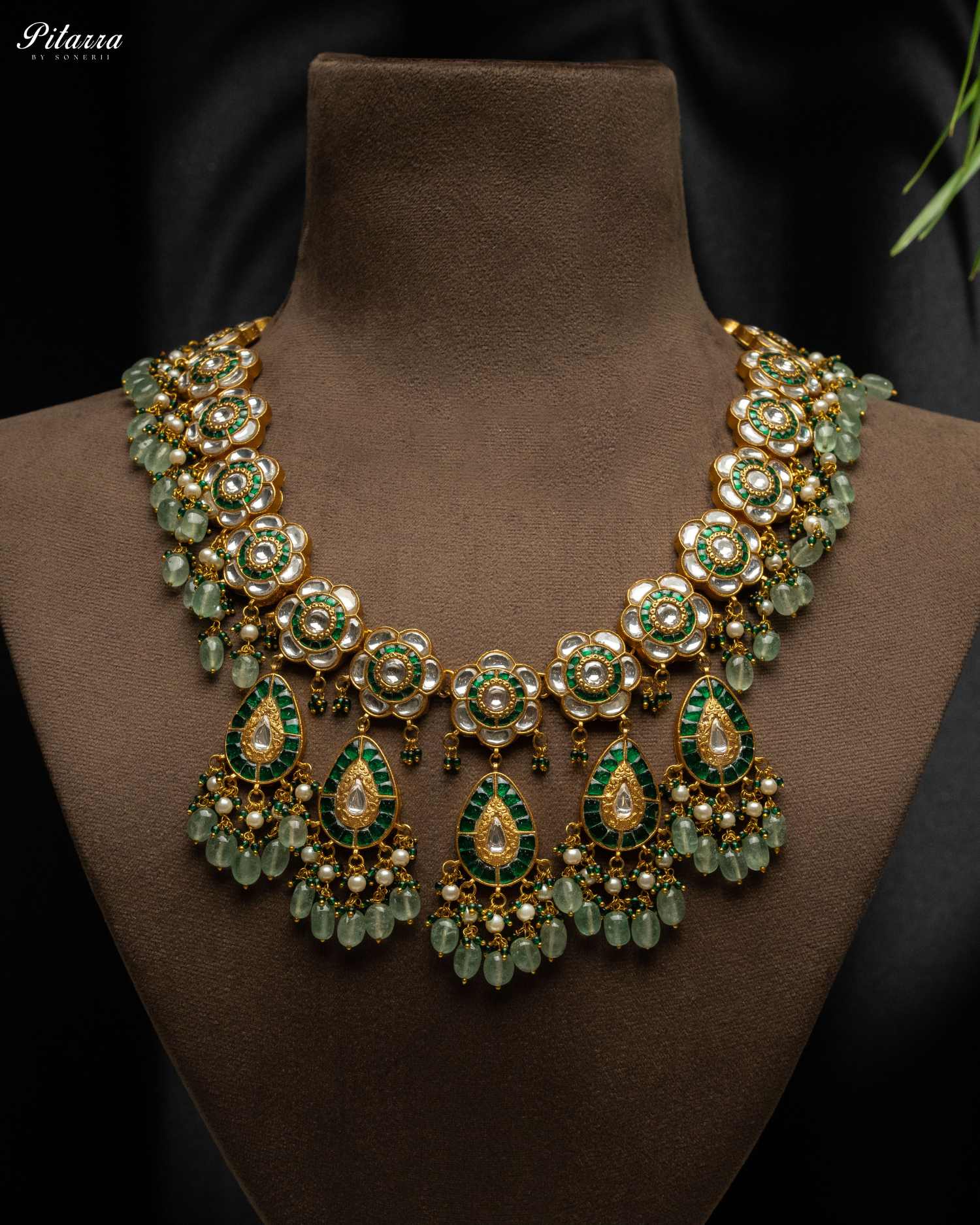 Golden Royal Emerald Green Beaded Polki Necklace