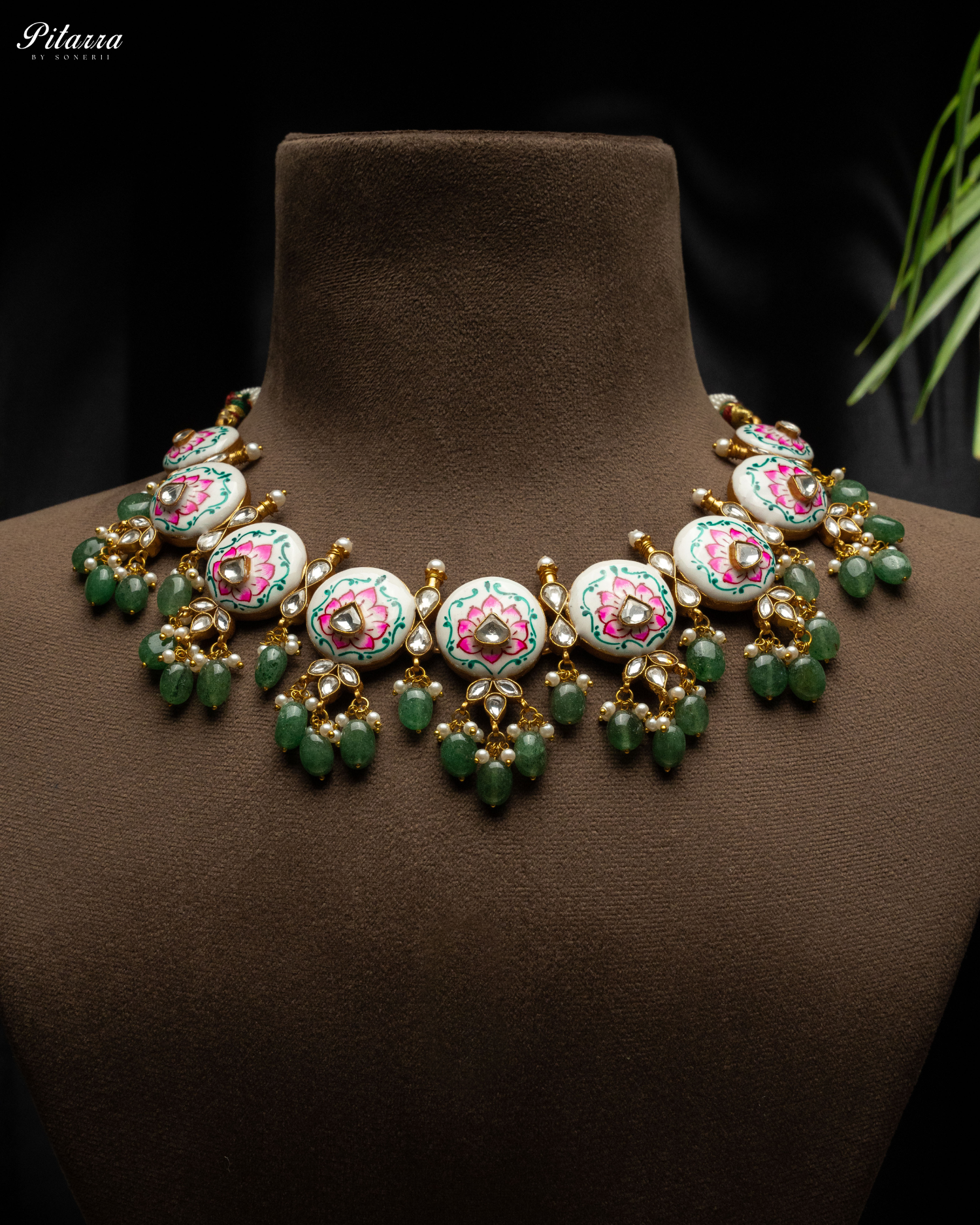 Green Beads Pink Antique Punjabi Jadau Necklace Set