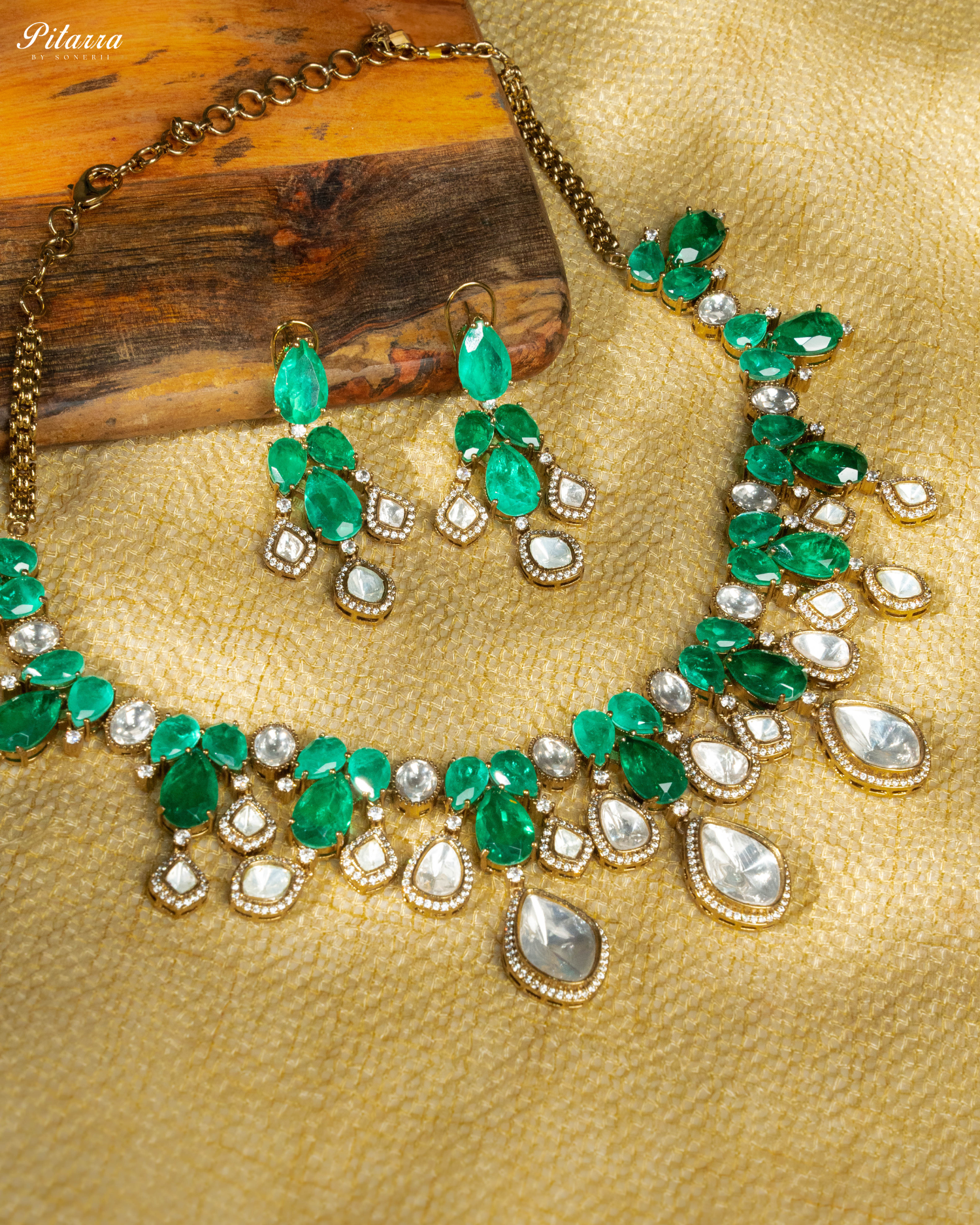 Green Rhodium Polki Kundan Necklace Set