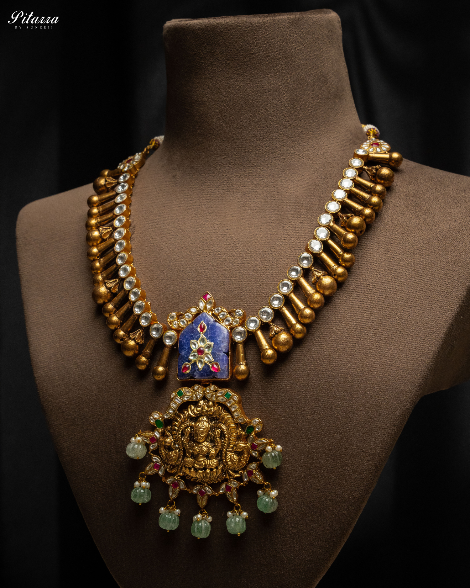 Lakshmi Carved Stone Kundan Jadau Necklace Set