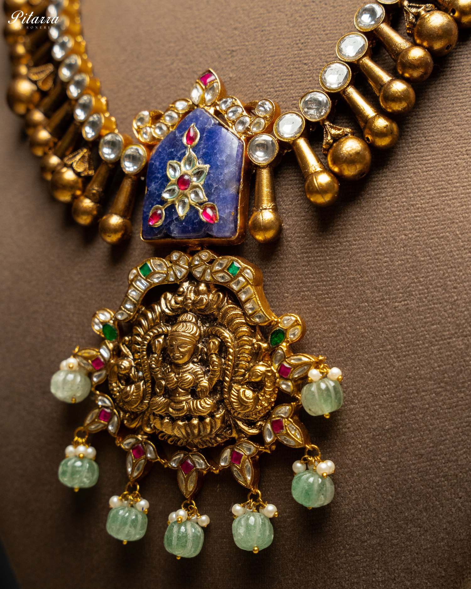 Lakshmi Carved Stone Kundan Jadau Necklace Set