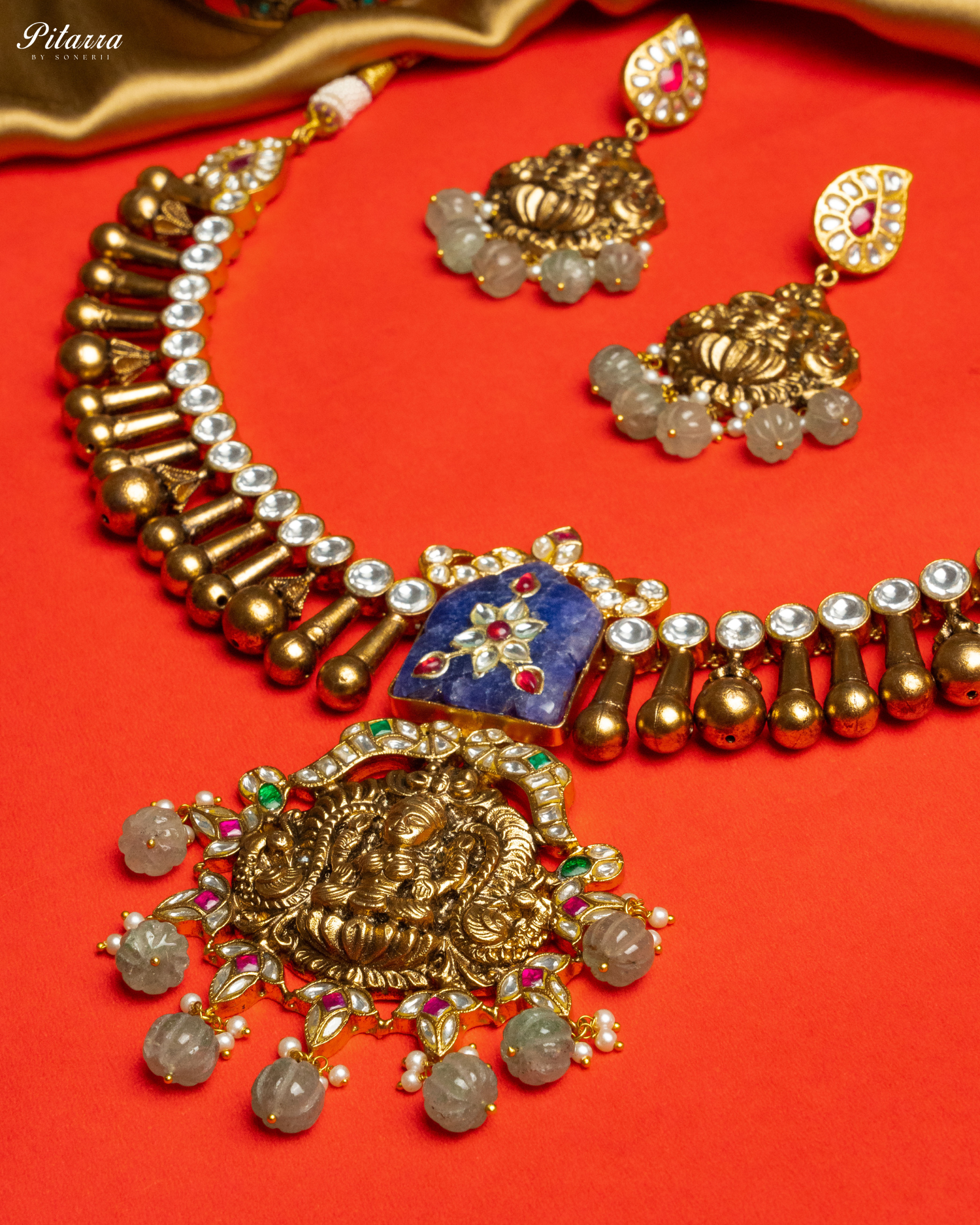 Lakshmi Carved Stone Kundan Jadau Necklace Set