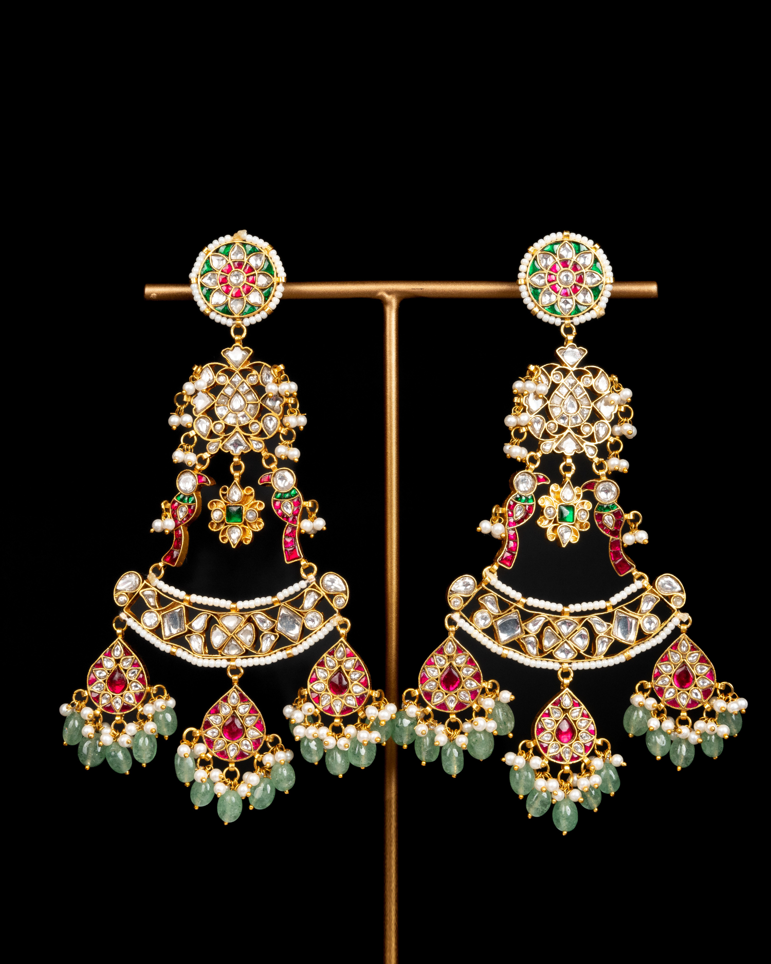 Long Green Kundan Jadau Earrings